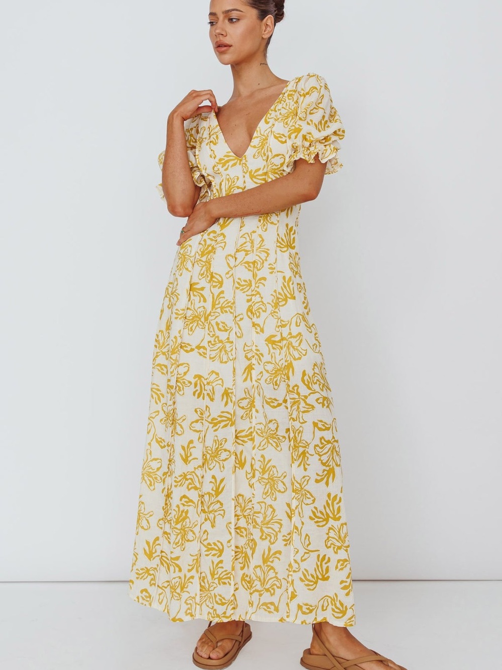 Indikah Yellow Gold Pintuck Puff Sleeve Maxi Dress